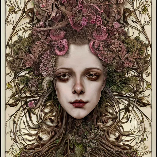 Image similar to a beautiful detailed front view baroque portrait of a rotten woman corpse with fractal plants and fractal flowers and mushrooms growing around, intricate, symmetrical, ornate, ornamentation, bones, illustration, in the style of art nouveau