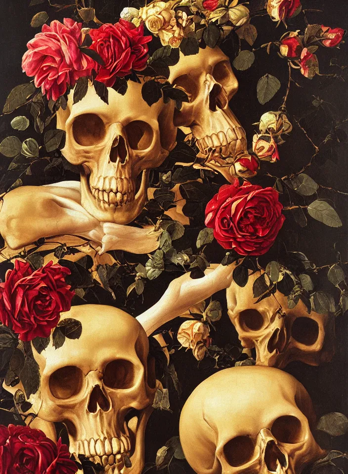 Prompt: portrait of a snakes and golden skull with a wreath of roses and a dress of rose petals, oil painting in a renaissance style , very detailed, painted by Caravaggio.