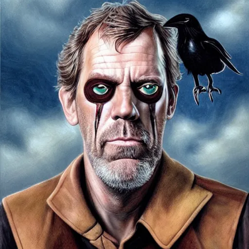 Image similar to hugh laurie as odin with only one eye, wearing a leather eyepatch, a raven on his shoulder, dark dramatic background, stormy clouds, lightning, very detailed painting by Glenn Fabry, by Joao Ruas, by Artgerm