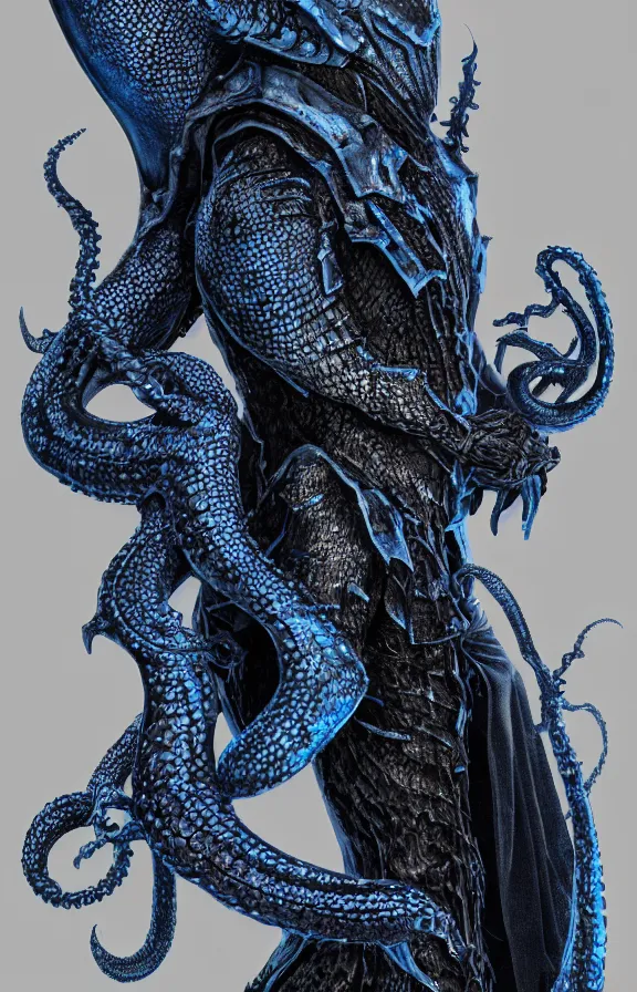 Prompt: detailed hypperrealistic artstation render, full body front view of a scaly black cloaked man, wearing a metallic blue squid mask. he holds in his hand a large knights blue greatsword, in addition tentacles emerge from his back like wings