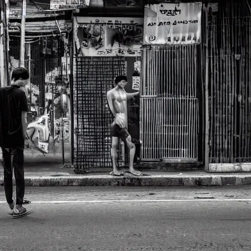 Image similar to wire in human form stand alone in the street of bangkok, photo realistic
