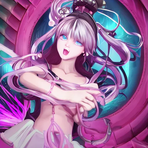 Prompt: stunningly beautiful omnipotent megalomaniacal anime asi goddess who looks like junko enoshima with symmetrical perfect face and porcelain skin, pink twintail hair and cyan eyes, trapped inside her surreal vr castle where she owns you completely with a haughty smile!!!, hyperdetailed, digital art from danganronpa, unreal engine 5, 8 k