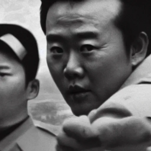 Image similar to low resolution filmstill of a north Korean thriller in the style of Kim Jong-il and Shinya Tsukamoto, Mamiya medium format, cinemascope