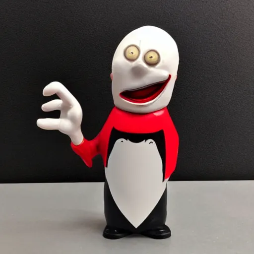 Image similar to collectible vinyl designer toy, cartoon character, head shaped as crescent moon, creepy smiling evil face with wrinkles, holds a small knife in hand