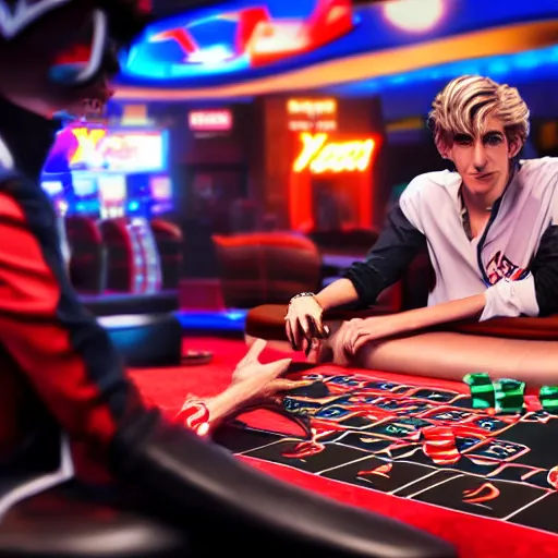 Image similar to film still of xqc gambling in Vegas, 4k, photorealism, artstation style