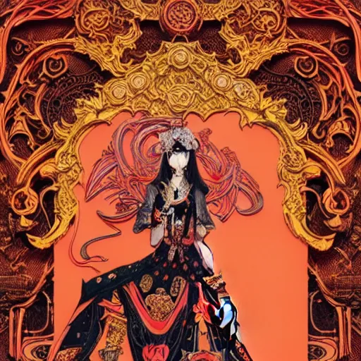 Image similar to jisoo + blackpink + elements + red + gold + neon + baroque + rococo + white + orange + ink + tarot card, ornate + by marc simonetti, paul pope, peter mohrbacher, detailed, intricate ink illustration + damask + award winning + 8 k