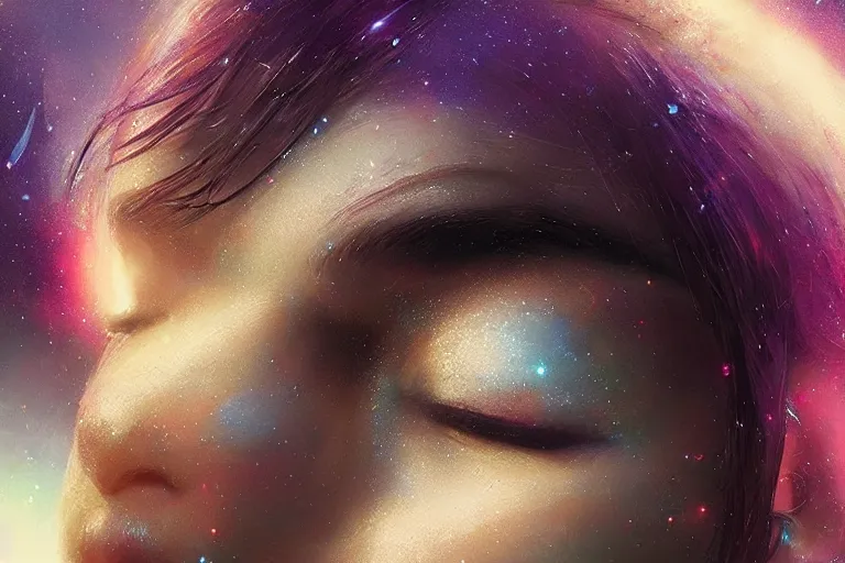 Image similar to a beautiful portrait of a female goddess with closed eyes, galaxy theme colors, galaxy theme colors, ultra realistic digital art by Greg Rutkowski and Raymond Swanland, Trending on Artstation, ultra realistic digital art, ultra realistic digital art