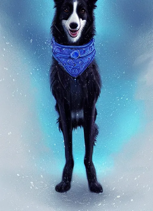 Image similar to full body digital painting of a cute male anthropomorphic border collie fursona wearing a blue dog collar and standing in the rain, furaffinity, intricate, elegant, beautiful, glamor pose, realistic proportions, highly detailed, scenic background, trending on artstation, art by charlie bowater and henry asencio and and ross tran
