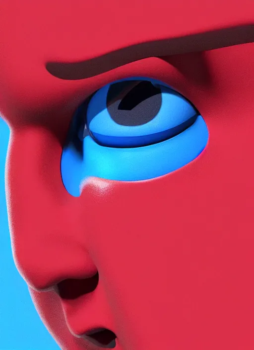 Prompt: a close up of a red mans face with blue eyes, an album cover by jacob toorenvliet, featured on behance, cubo - futurism, rendered in cinema 4 d, sketchfab, rendered in maya, red shift, synthwave, by enguerrand quarton, by alesso baldovinetti, 3 d render, holography,