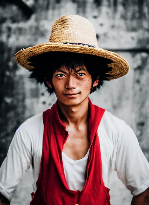 Image similar to A full portrait photo of real-life luffy one piece, f/22, 35mm, 2700K, lighting, perfect faces, award winning photography.