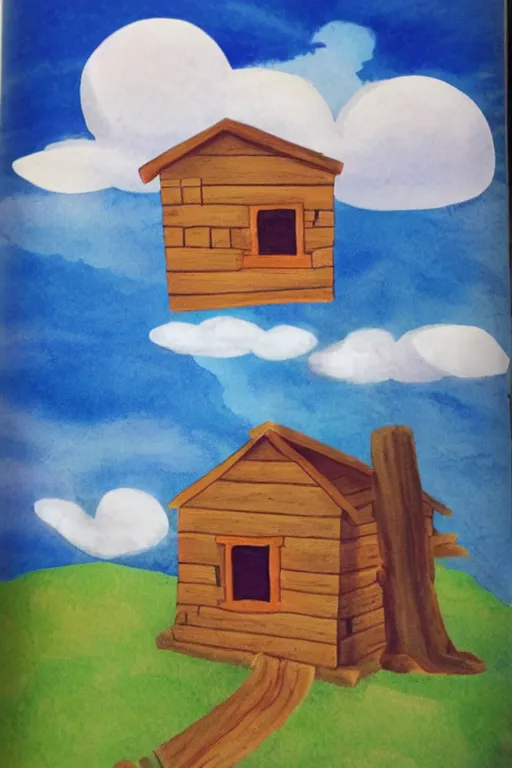 Image similar to a children's book illustration of an adventure cabin flying through the clouds