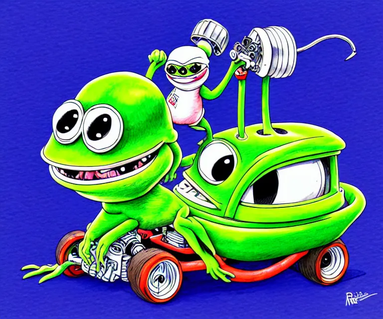 Prompt: cute and funny, cute pepe wearing a helmet riding in a tiny hot rod with oversized engine, ratfink style by ed roth, centered award winning watercolor pen illustration, isometric illustration by chihiro iwasaki, edited by range murata, details by artgerm