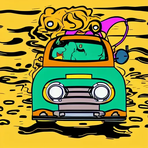 Prompt: Pop-Wonder-NFT Monkey-Racer-Hot-Rod-Oversized-Character-Driving-Fast-Vehicle wading through the goopy-muck and slithering about the castle side delights on a melted cheesy day in a hand-drawn vector, svg, cult-classic-comic-style