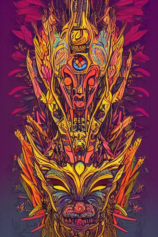 Image similar to animal mask totem roots flower tribal feather gemstone plant wood rock shaman vodoo video game vector cutout illustration vivid multicolor borderlands comics by josan gonzales and dan mumford radiating a glowing aura