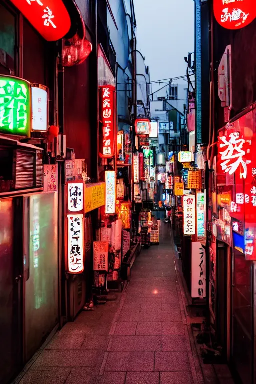 Image similar to a bussy back alley street in Tokyo, with small shops and restaurants. Evening time. Neon lights. Slow shutter. 8k. Canon eos.