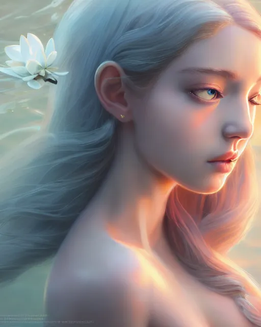 Prompt: character art of a goddess of magnolias as underwater angelic young female | | seductive - fine - face, pretty face, key visual, realistic shaded perfect face, fine details by stanley artgerm lau, wlop, nekro, james jean, andrei riabovitchev, marc simonetti, and sakimichan, trending on artstation