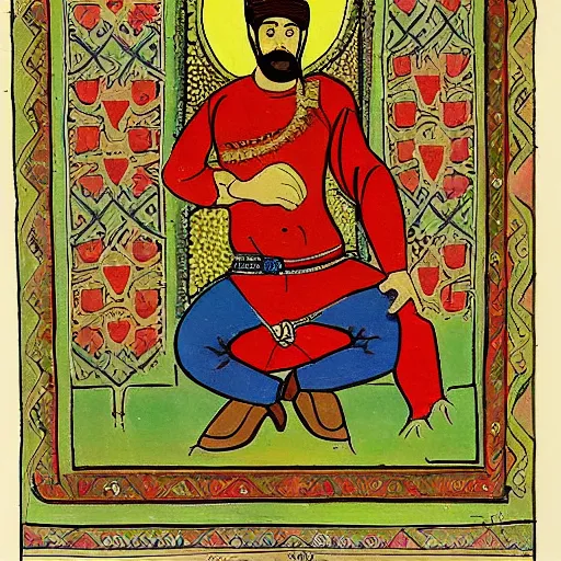 Prompt: cowboy sitting cross legged, persian folkore artstyle, calligraphy border