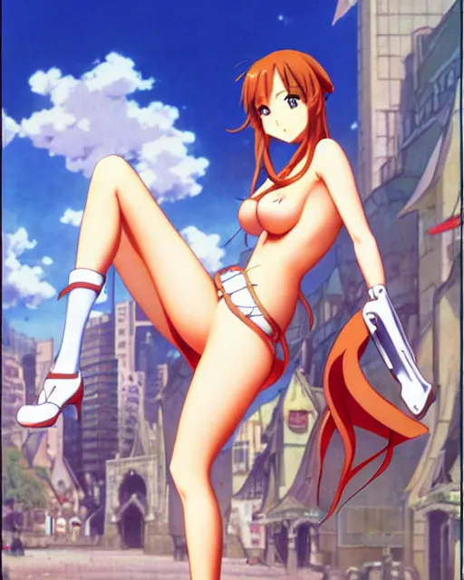 Prompt: pinup photo of asuna from sao in the crowded square of the city, asuna by a - 1 pictures, by jean giraud, kezie demessance, gil elvgren, james jean, enoch bolles, glossy skin, pearlescent, anime, very coherent, sao style anime, flat