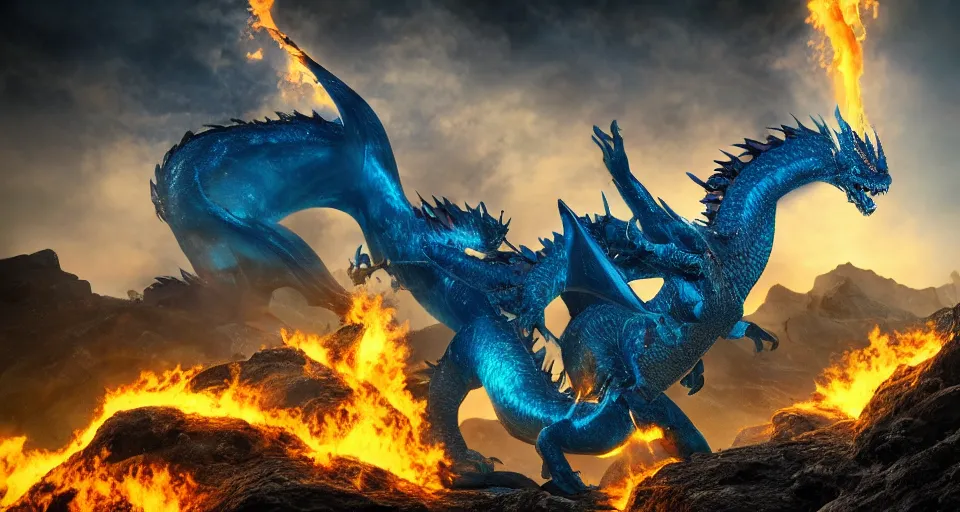 Image similar to a blue dragon standing on top of a mountain breathing fire, epic lighting, epic view, cinematic