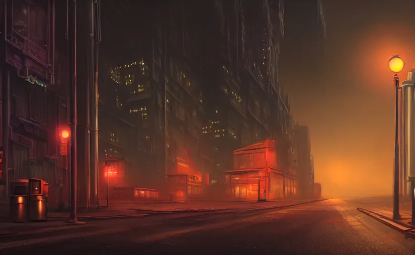 Prompt: highly detailed matte painting of a city street night time, bokeh, science fiction, grungy dystopia, plutocracy, futuristic noir, industrial steam, drones, mechs. environment art by john berkley and edward hopper concept art, volumetric - lighting - style atmosphere