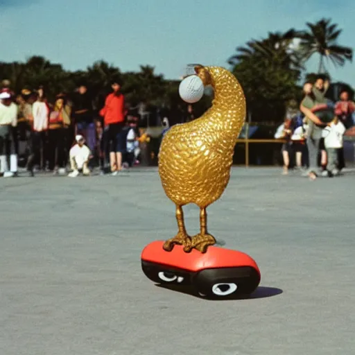 Image similar to a dodo wearing a gold chain around its neck and baseball cap, on a hovering hoverboard at a skate park near the beach, 1990s cartoon