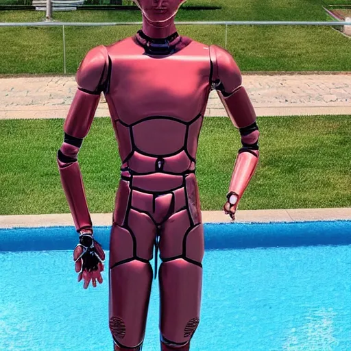 Image similar to a realistic detailed photo of a guy who is an attractive humanoid who is half robot and half humanoid, who is a male android, soccer player martin ødegaard, shiny skin, posing like a statue, blank stare, by the pool, on display, showing off his muscles, humanoid robot, frozen ice statue