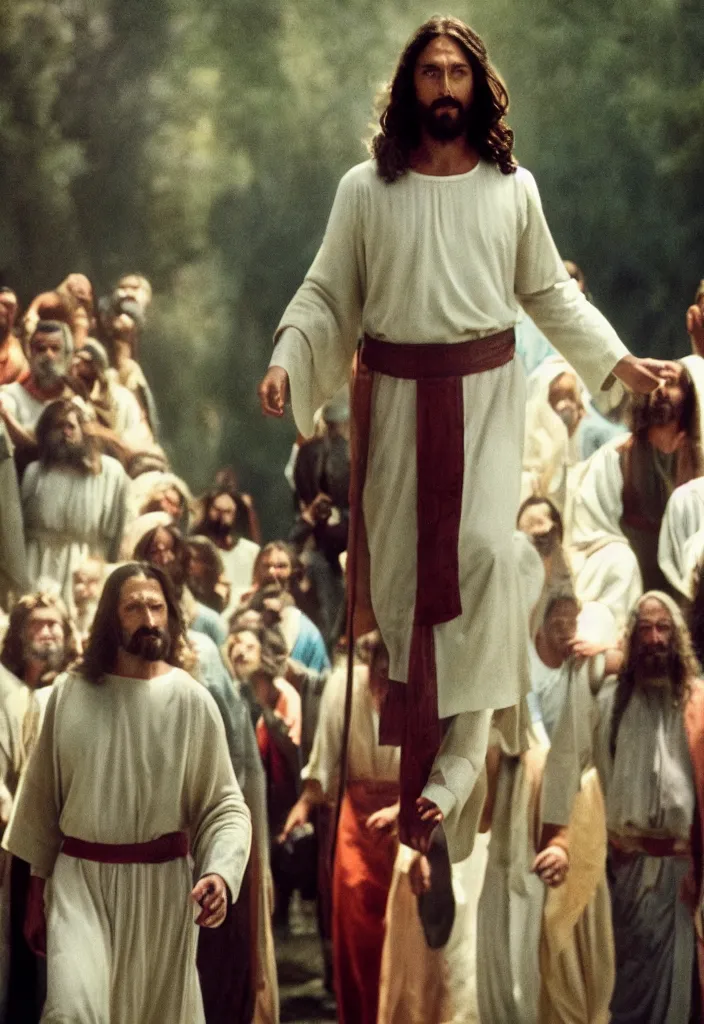 Prompt: jesus walking down from heaven, 8 k, photorealistic, extremely detailed, shot on super fujica 6 fujinar, cinematic lighting, perfect faces