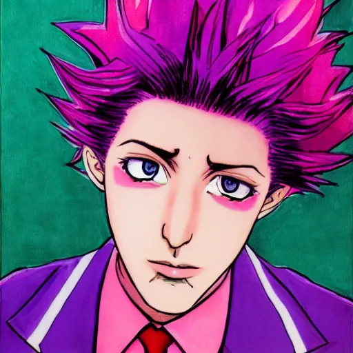 Image similar to boy with eccentric pink hair wearing a purple suit, artwork made by hirohiko araki