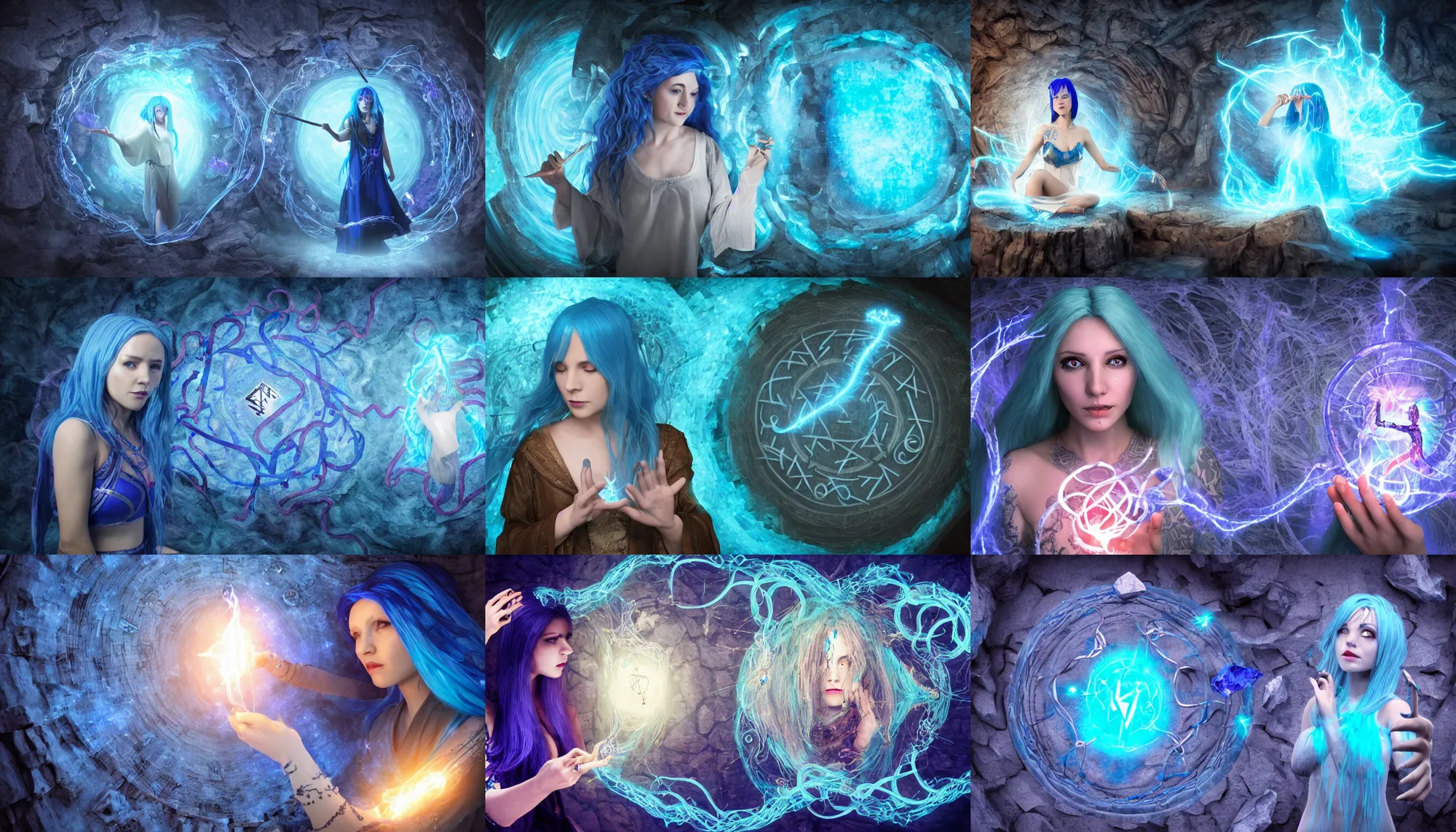 Prompt: blue haired female casting a spell, floating sigils, floating runes, floating spellbook, flowing robes, in a cave with crystals on the walls, electric vines and swirls, 3 d render, fantasy, cinematic composition, dramatic lighting, trending, 8 k hd