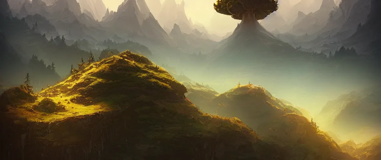 Image similar to floating islands over forest, mountains in background, concept art, low angle, cinematic, style of jordan grimmer