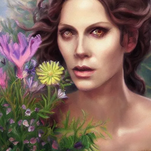 Image similar to a beautiful oil painting of Circe the witch picking up flowers, detailled, HD, realistic, beautiful eyes