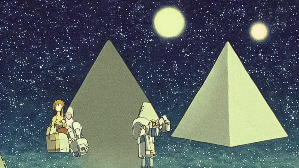 Prompt: a movie still from a studio ghibli film showing a floating large white pyramid, an alien, and a ufo on a misty and starry night. by studio ghibli