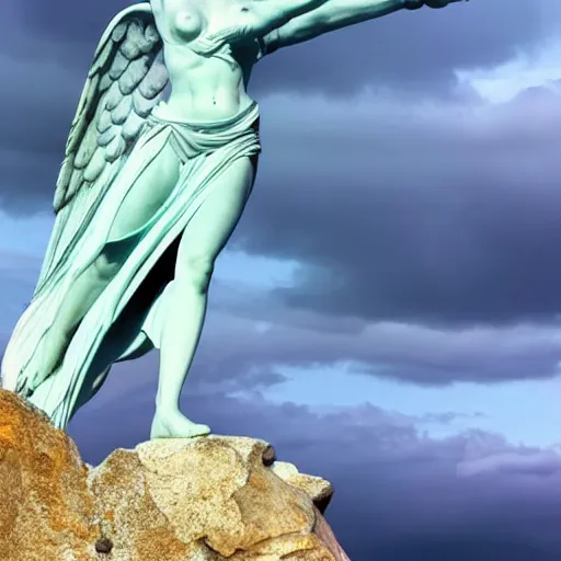 Image similar to venus, nike, the winged victory of samothrace statue made of cyan crystal on a rock in the clouds dramatic low light volumetric lighting epic towering clouds central composition stylised close up to ample soft touch lighting from the side by sunset