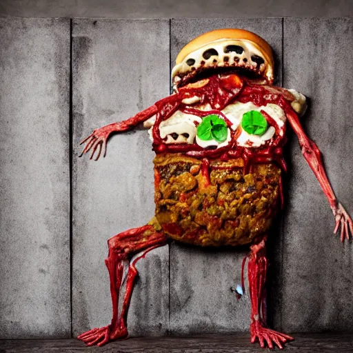 Prompt: a humanoid bipedal upright zombie that strongly resembles a hamburger, professional food photography