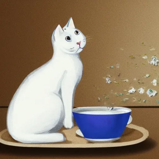 Prompt: a white cat is pouring tea