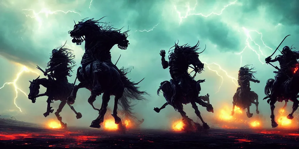 Image similar to ”four horsemen of the apocalypse riding skeleton horses towards the camera [epic, cinematic, scary, intimidating, horror, war, battle, hell, storm clouds, lightning, octane render, 8k, mattepainting, art by wlop and paul lehr and greg rutkowski]”