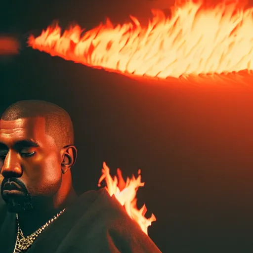Image similar to cinematic film still of Kanye West starring as a Samurai holding fire, Japanese CGI, VFX, 2022, 40mm lens, shallow depth of field, film photography