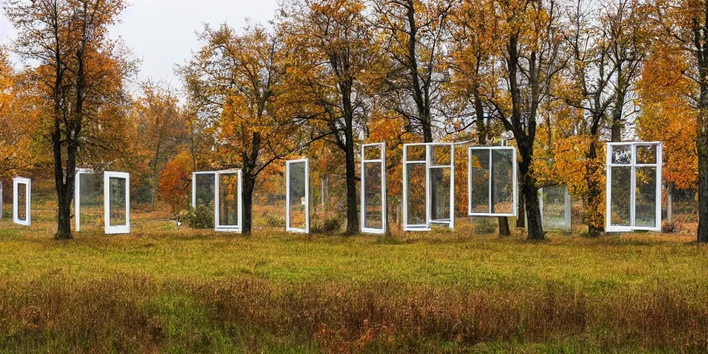 Image similar to multiple old windows suspended above an open meadow, raining, october, autum, muted colors