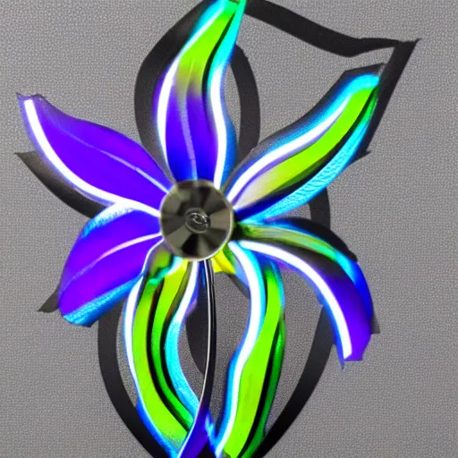 Image similar to a cybernetic iris flower, metallic, steel, glowing