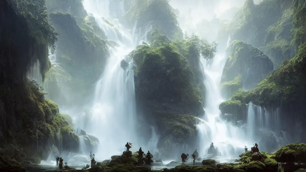 Image similar to the great elven tree above the alpine waterfall. andreas achenbach, artgerm, mikko lagerstedt, zack snyder, tokujin yoshioka