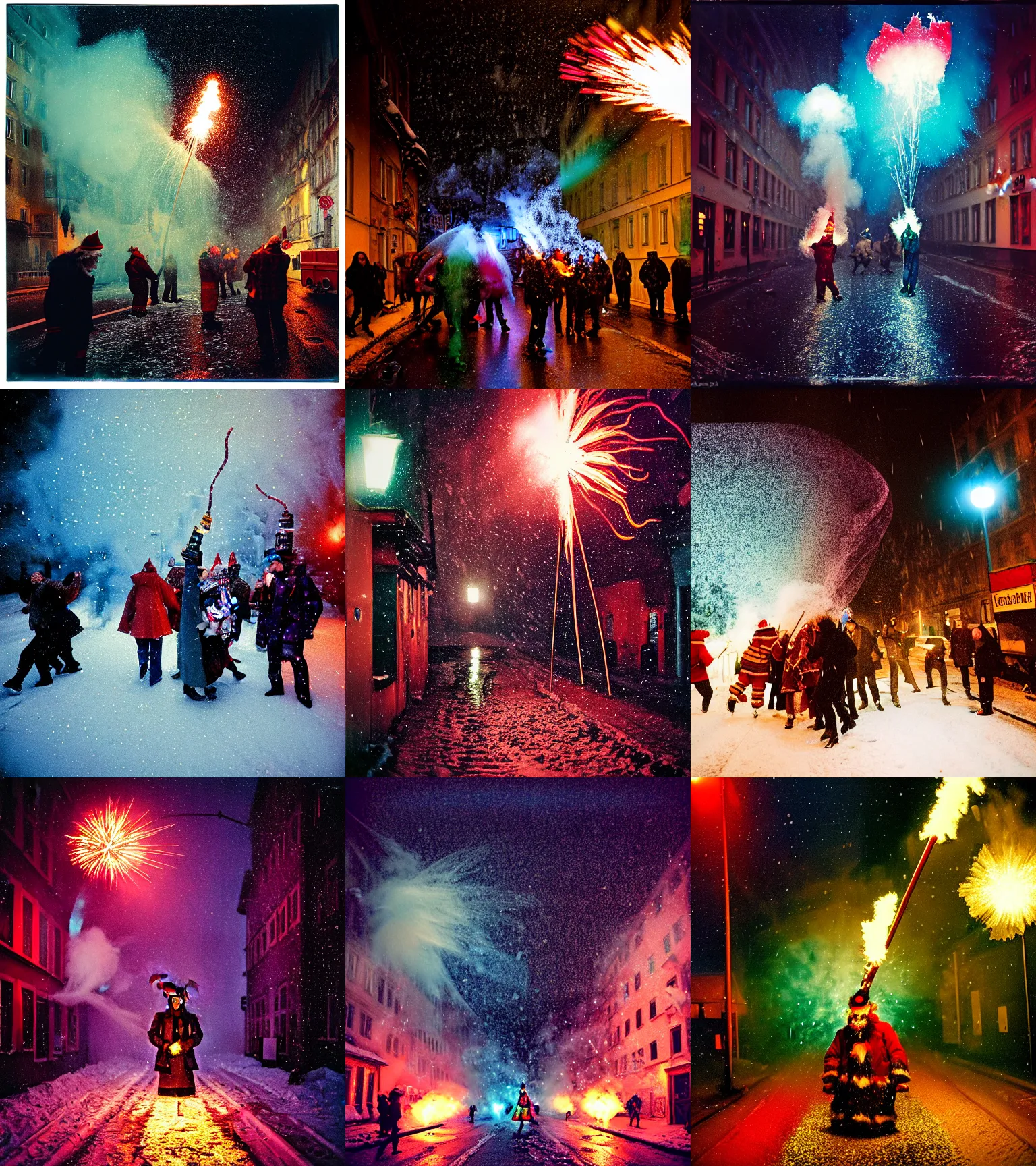 Image similar to kodak portra 4 0 0, wetplate, winter, snowflakes, rainbow coloured rockets, chaos, glitter tornados, award winning dynamic photo of a bunch of hazardous krampus between exploding fire barrels by robert capas, motion blur, in a narrow lane in salzburg at night with colourful pyro fireworks and torches, teal lights