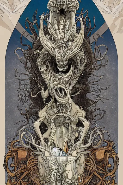 Prompt: highly detailed, 3 d cartoon, intricate stunning image of animation monster with big tongue several hands, beer jar, ice cream, big eyes, fur blue colours talons hornshorns, bones in style of alfonson mucha, grey and white, pale, stunning atmosphere, animal and monster by h. r. giger and peter mohrbacher