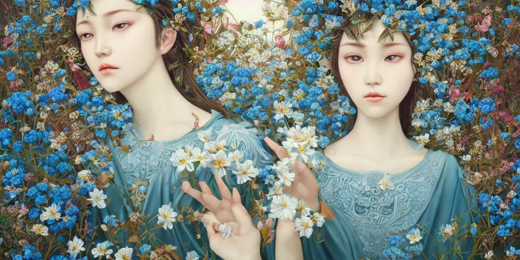 Image similar to breathtaking detailed concept art painting of the goddess of nemophila flowers, orthodox saint, with anxious, piercing eyes, ornate background, amalgamation of leaves and flowers, by Hsiao-Ron Cheng, James jean, Miho Hirano, Hayao Miyazaki, extremely moody lighting, 8K