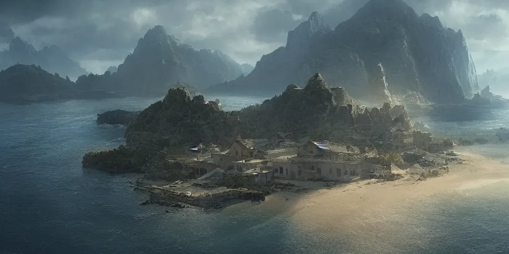 Prompt: establishing shot from a movie, epic matte painting of an island, cinematic cinematography masterpiece, greg rutkowski, and ivan aivazovski, roger deakins