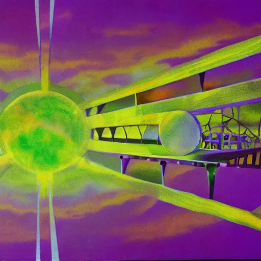 Image similar to a piece of purple sky with a green sun falls to the ground and breaks into fragments, metallic bridge, futurism, schizophrenia, hyperrealistic fall