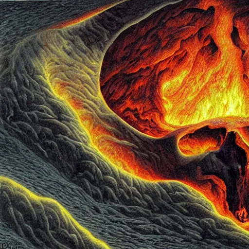 Image similar to an active supervolcano exploding with fire and thick smoke in the shape of a demonic skull by dan seagrave art