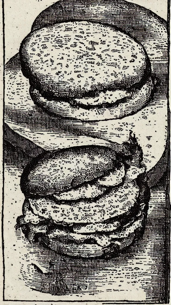 Prompt: esoteric etching print of a mcdonald's burger and fries, amphitheatrum sapientiae aeternae, 1 5 9 5