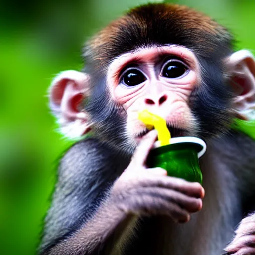 Prompt: cute baby monkey drinking juice, 4k, realistic photo