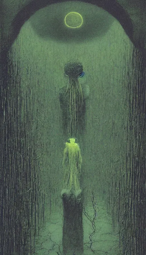 Image similar to forbidden knowledge, madness, the eldritch king in yellow by beksinski, tarot card, strange frames, ghibli