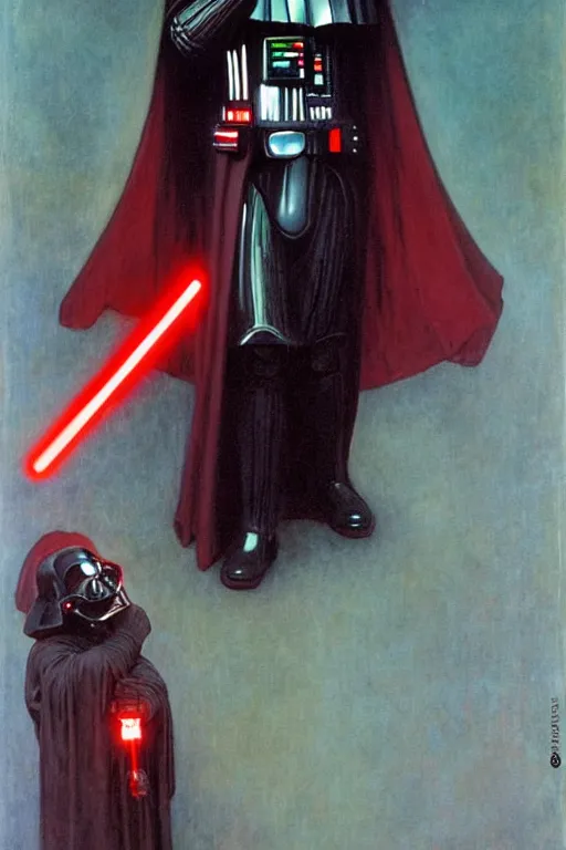 Prompt: darth vader holding a red lightsaber by Alfons Mucha by William Adolphe Bouguereau